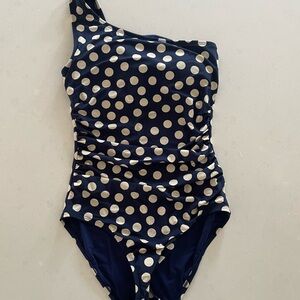 J. Crew Navy and White Polka Dot One-Shoulder Swimsuit